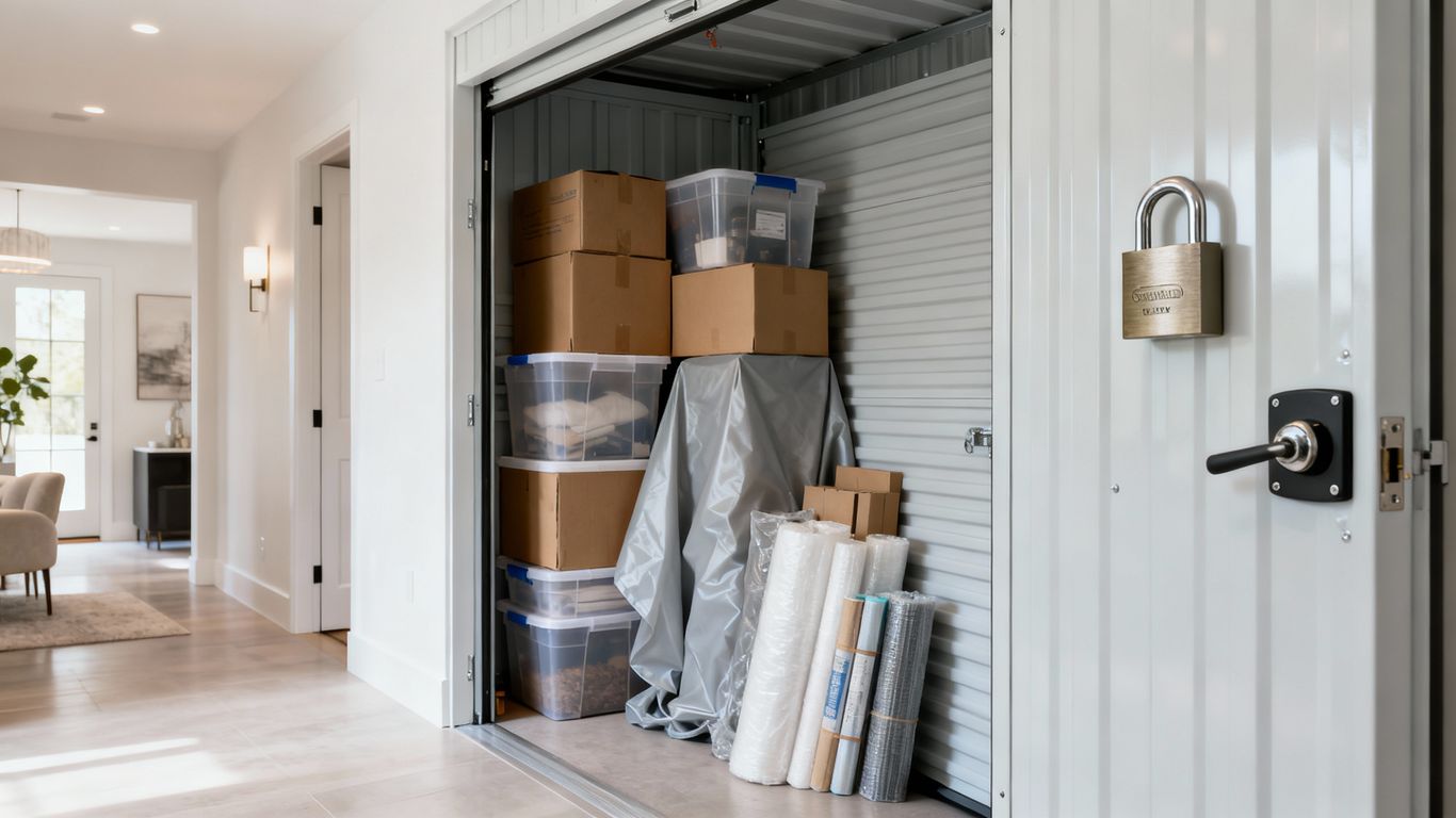 Organised storage room with boxes and covered furniture