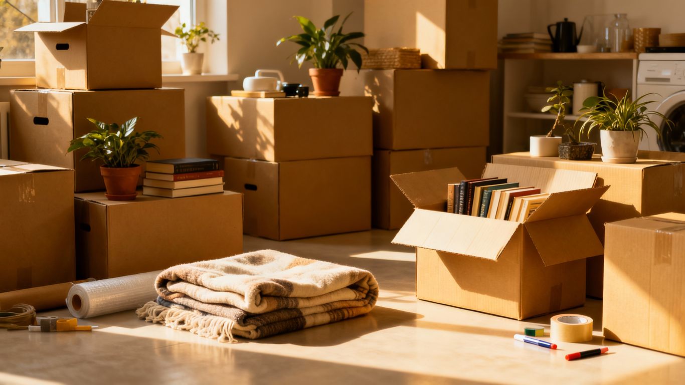 Stacked moving boxes in organised, tidy room during move
