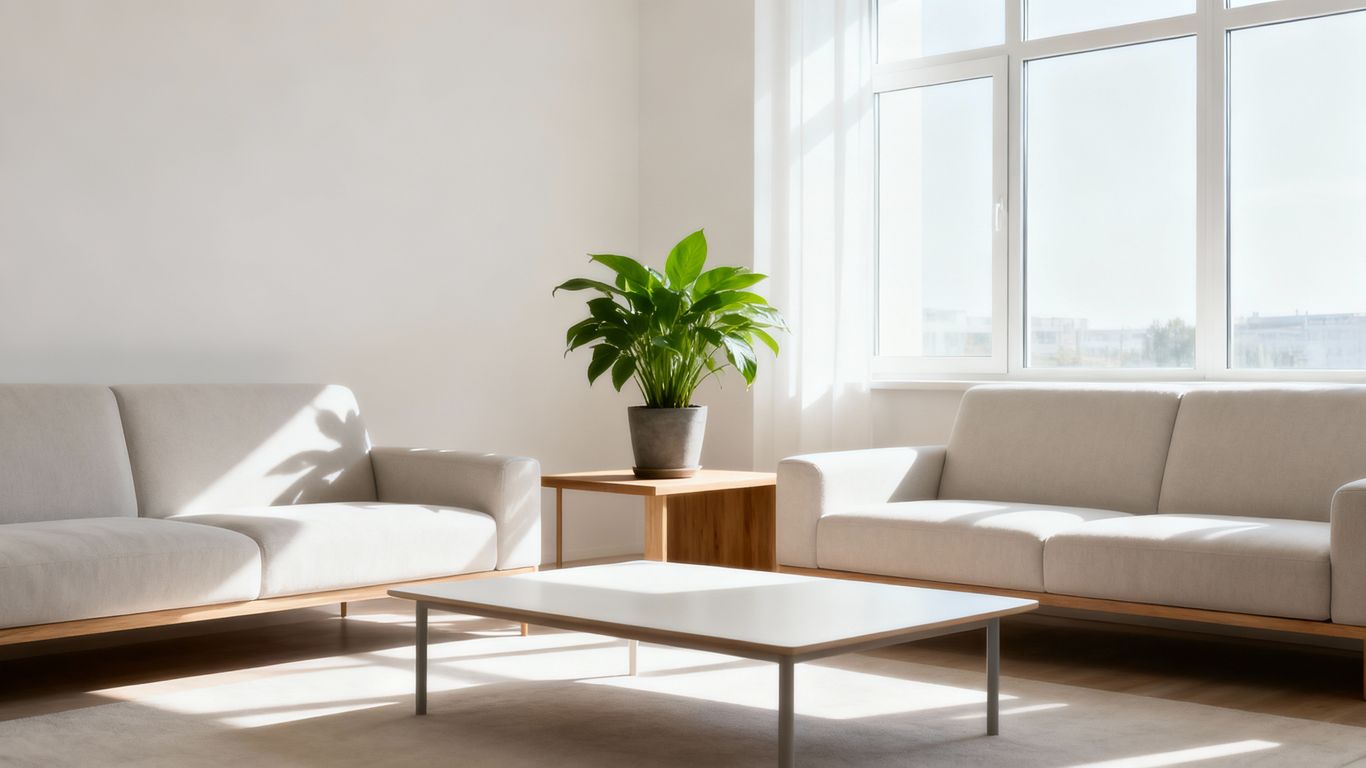Minimal, tidy living room with sunlight and few possessions
