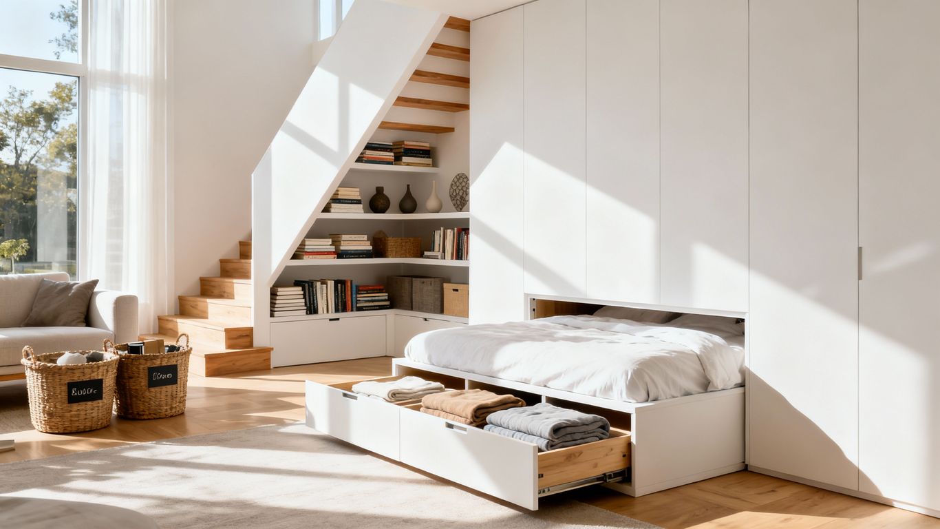 Hidden storage spaces in a bright modern home interior