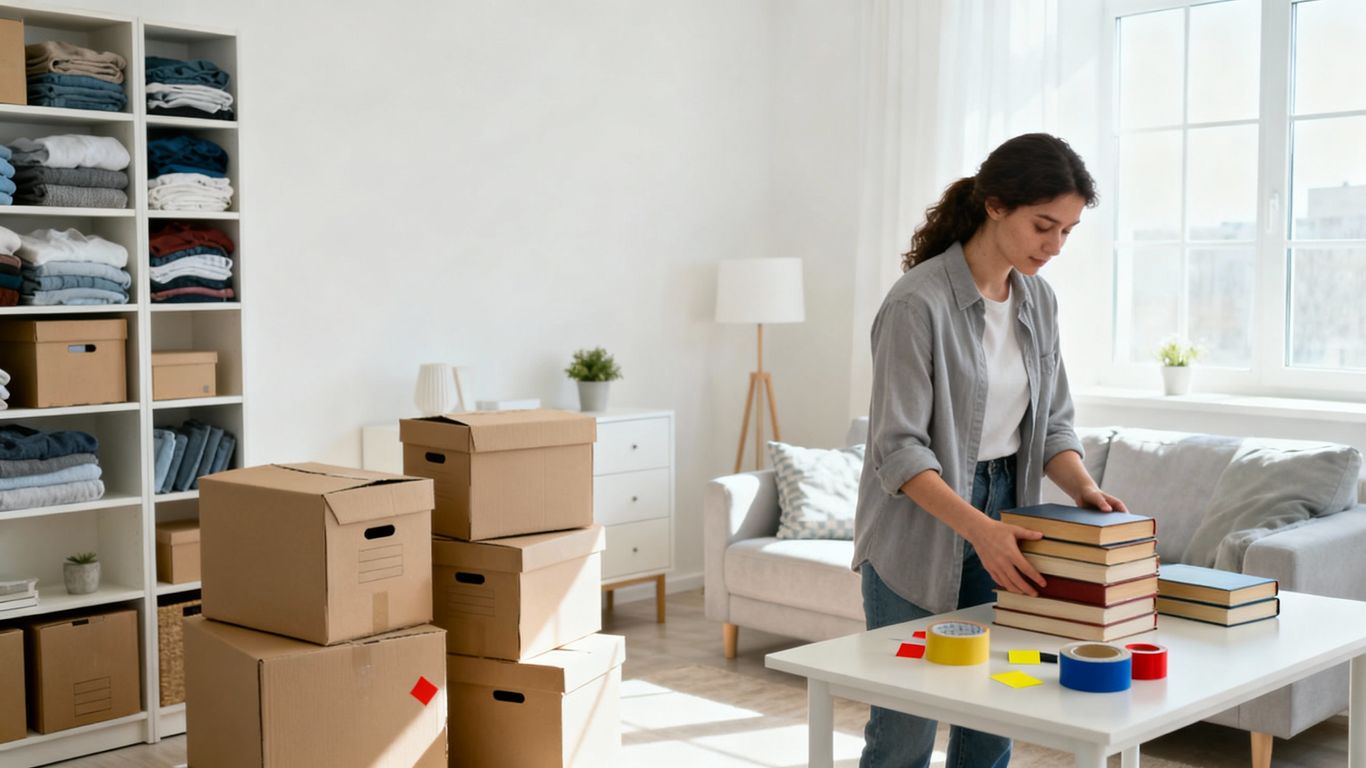 Person calmly packing boxes in clean, organised room