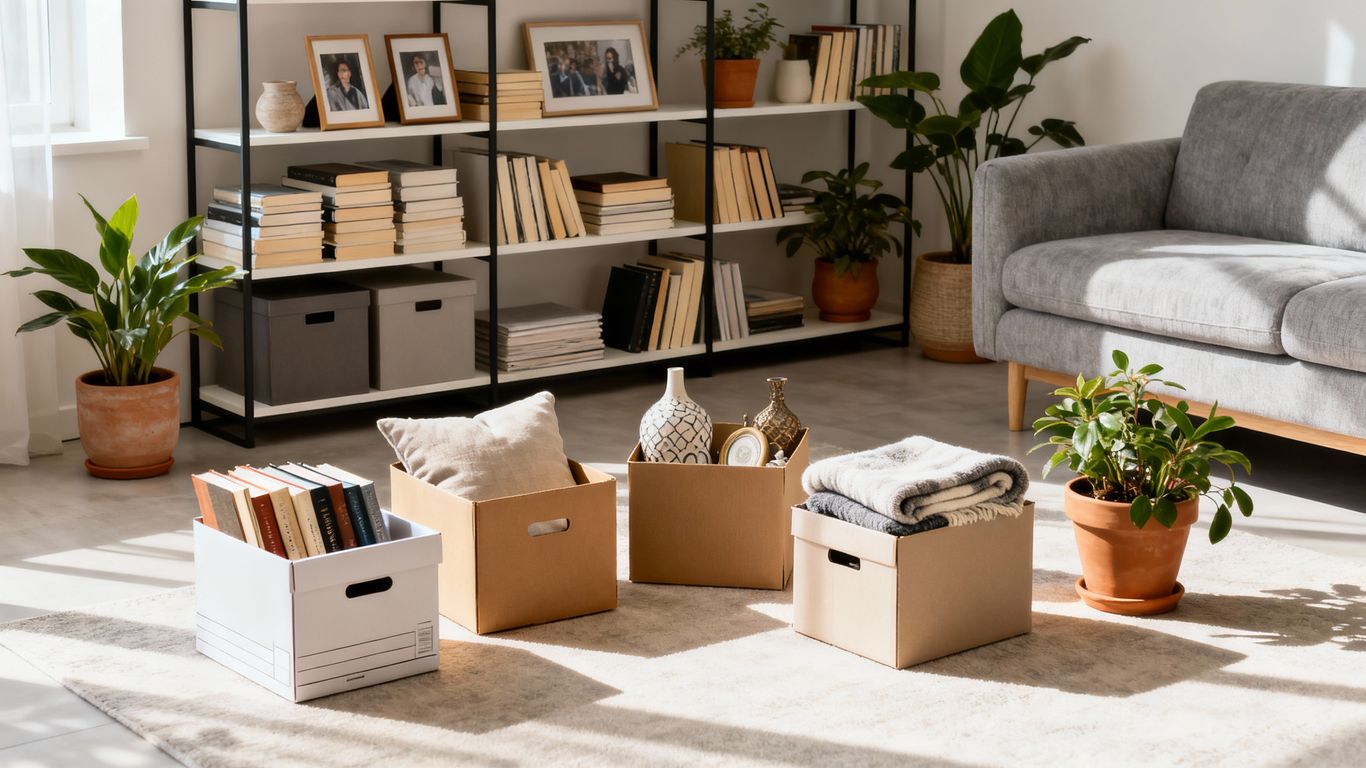 Five boxes for decluttering in a modern living room
