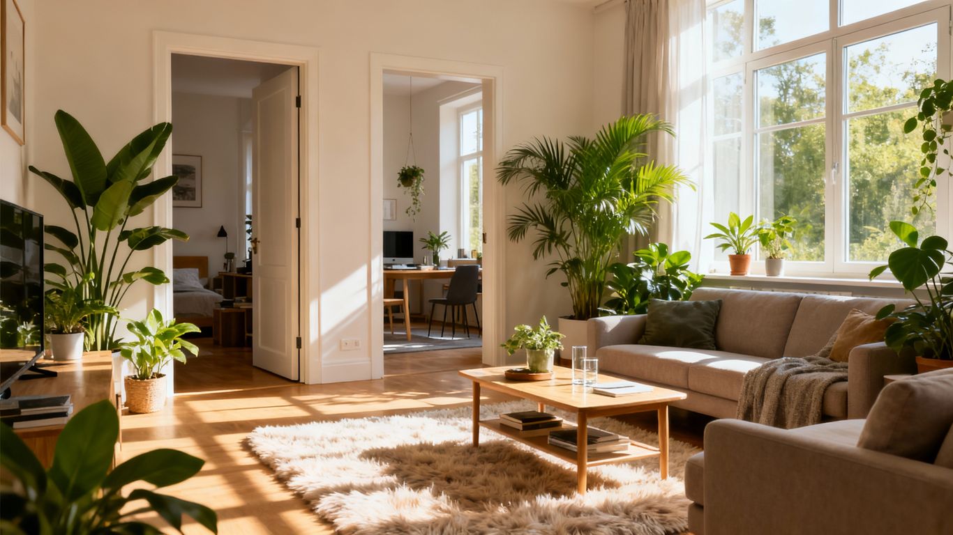 Bright tidy living room with organised furniture and green plants