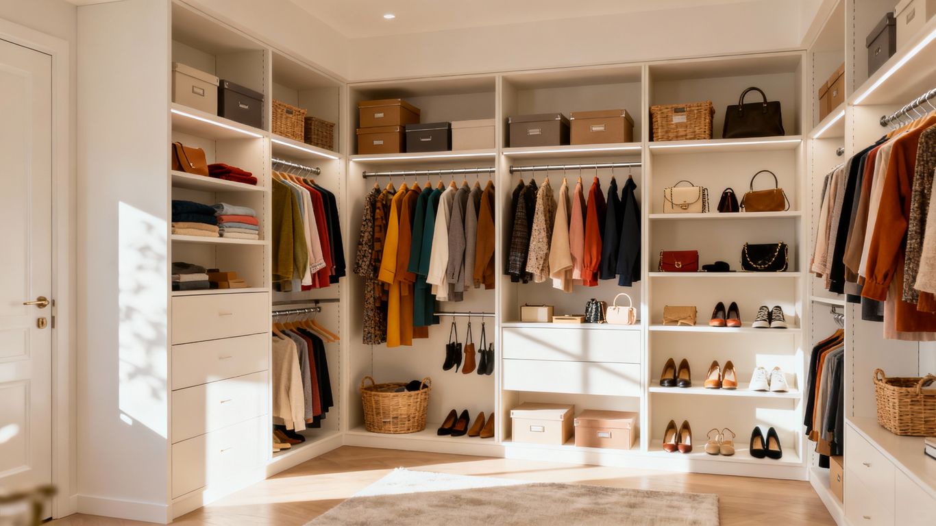 Organised wardrobe and cupboard with colour-coordinated clothes