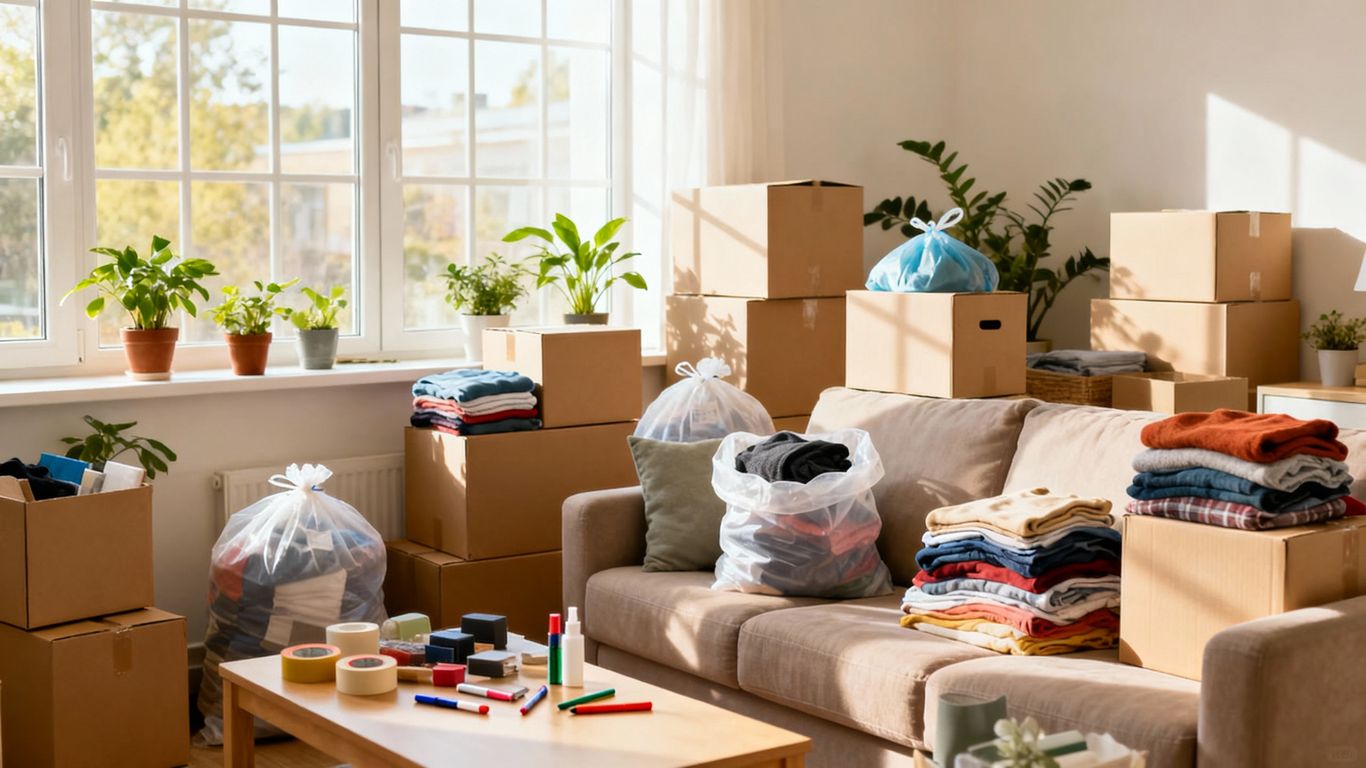 Boxes, bags, and sorted items in a tidy living room